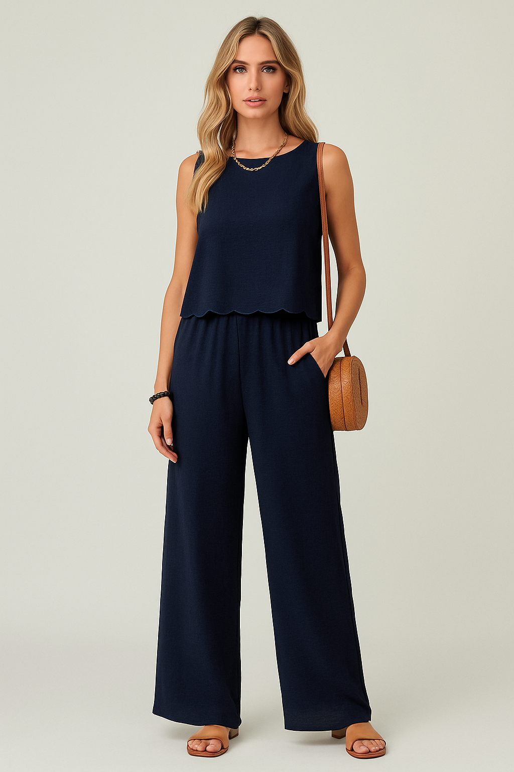 Women's Set with Sleeveless Top and Wide Pants – Relaxed Fit – Lightweight Woven Fabric
