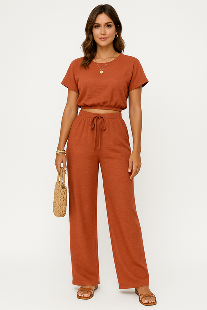 Women's Set – Casual Crop Top with Batwing Sleeves – Wide Trousers with Drawstring