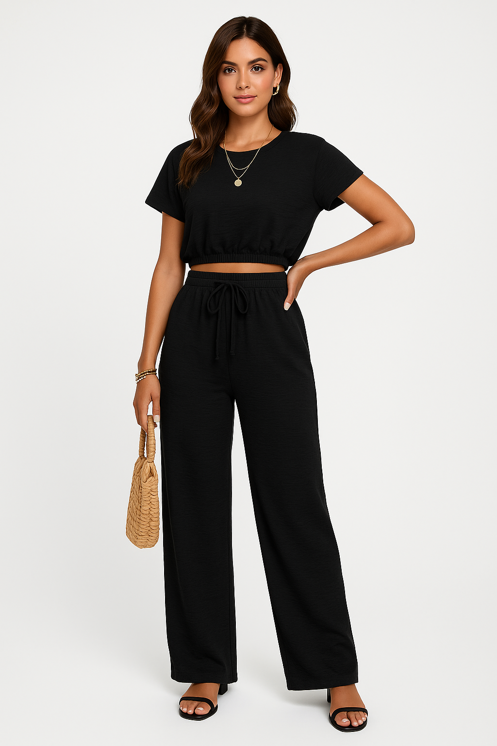 Women's Set – Casual Crop Top with Batwing Sleeves – Wide Trousers with Drawstring