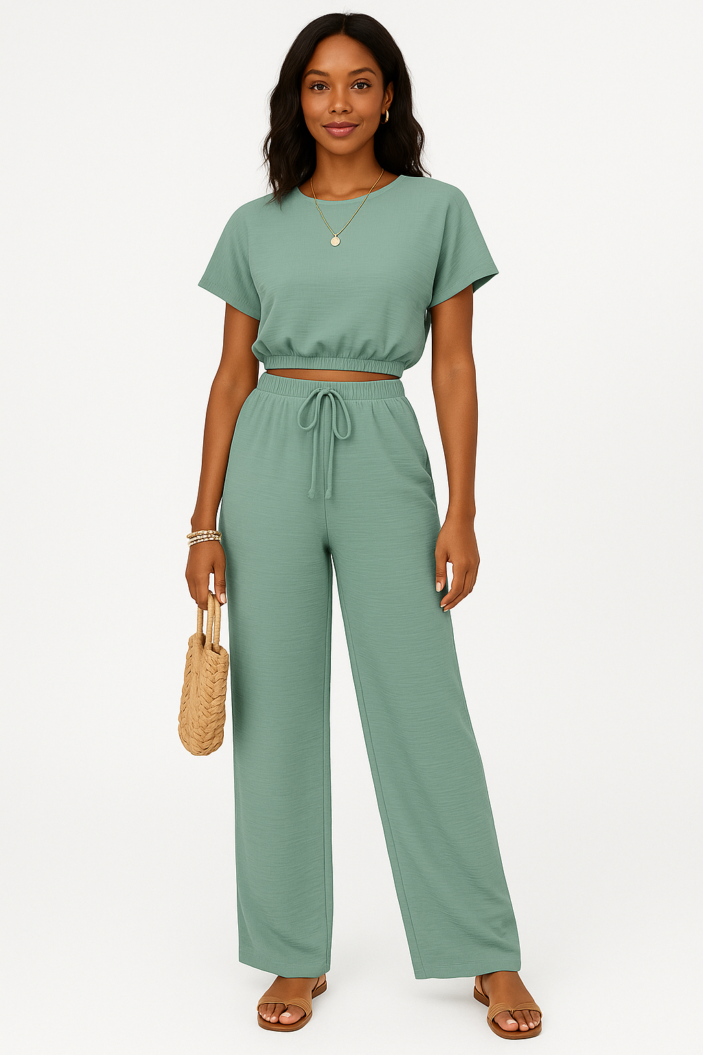 Women's Set – Casual Crop Top with Batwing Sleeves – Wide Trousers with Drawstring