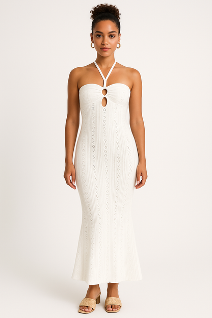 Women Long Dress – Slim Fit – Halterneck – Crocheted Texture – Cutout At The Bust