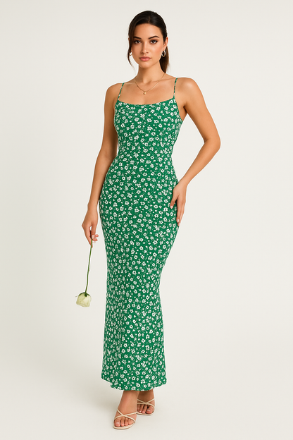 Women's Maxi Dress – Slim Fit – Floral – Open Back – Spaghetti Straps