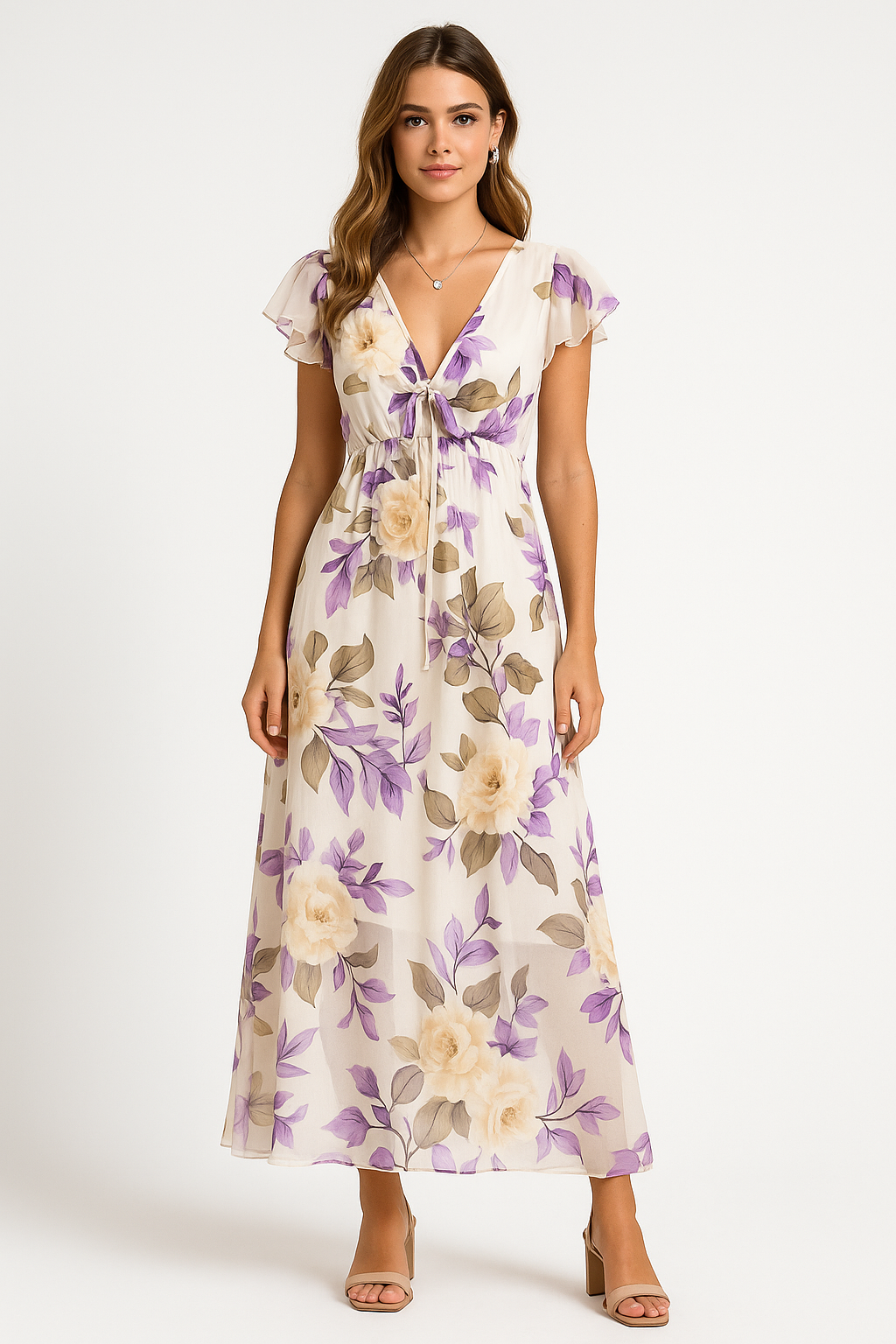 Dress for Women – Midi – Airy Fit – V-Neck – Ruched Sleeves – Floral Print