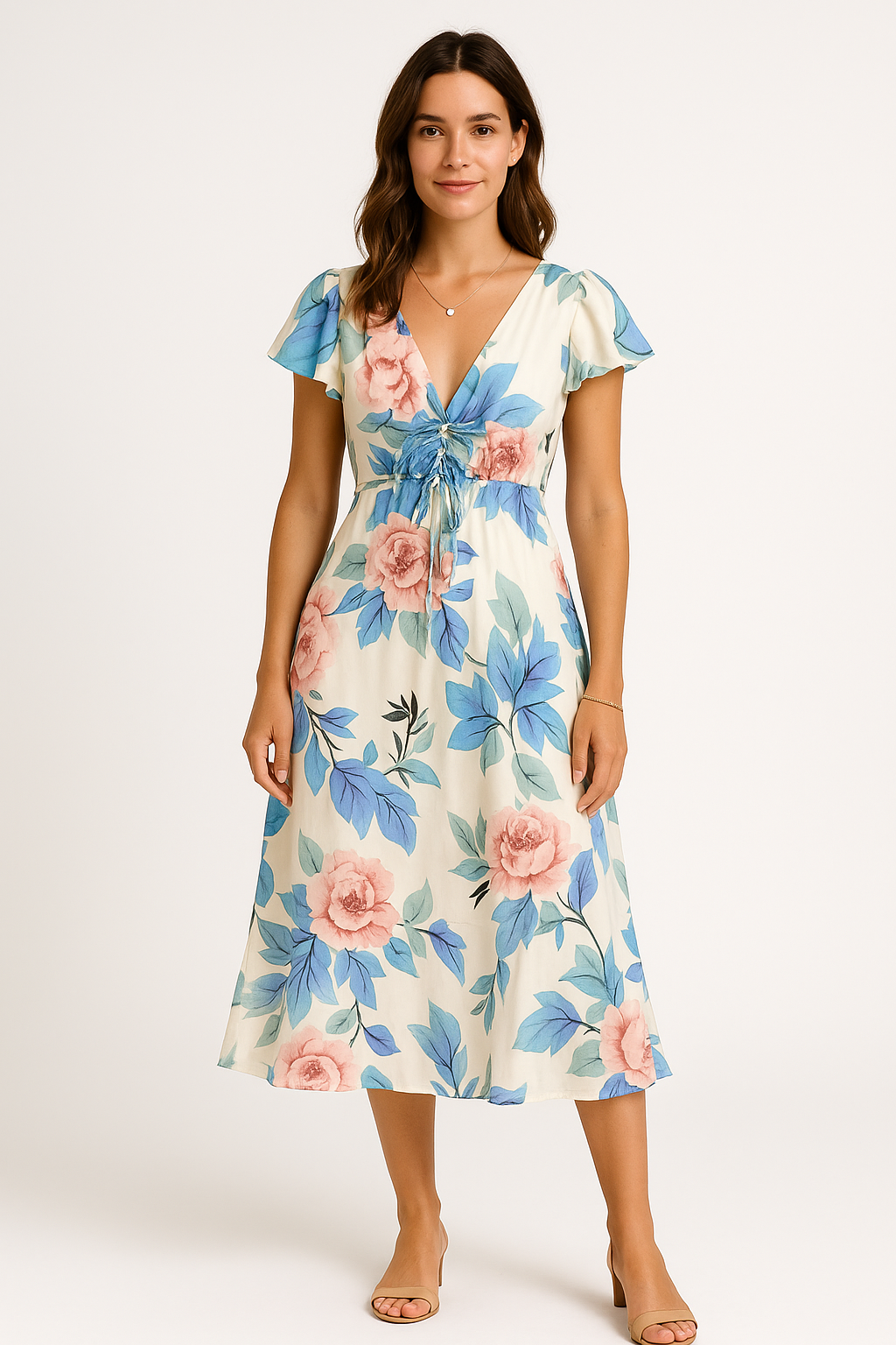 Dress for Women – Midi – Airy Fit – V-Neck – Ruched Sleeves – Floral Print