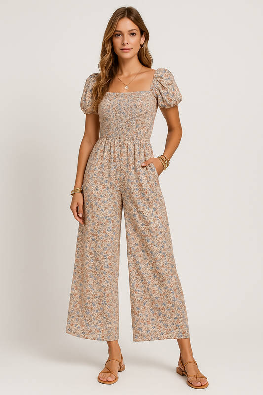 Women's Jumpsuit – Smocked Waist – Wide Legs – Puff Sleeves – Floral Pattern – Natural Fibers