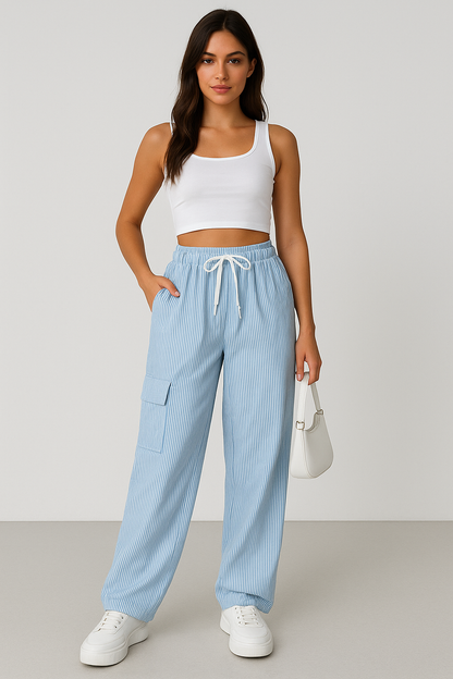 Women's Pants – Relaxed Fit – Full Length – Elastic Waist – Striped – With Pockets