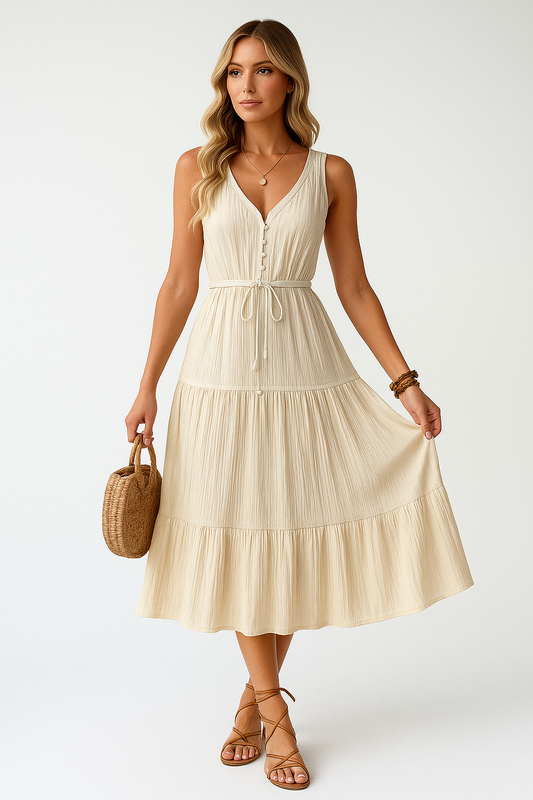 Women's Midi Dress – Sleeveless – Relaxed Fit – V-Neck – Button Closure – Layered Skirt – Waistband – Breathable Material