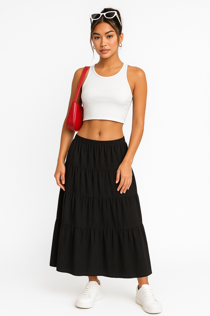 Women's Skirt – A-line Fit – Layered Ruffle Design – Adjustable Drawstring Closure – Breathable Material