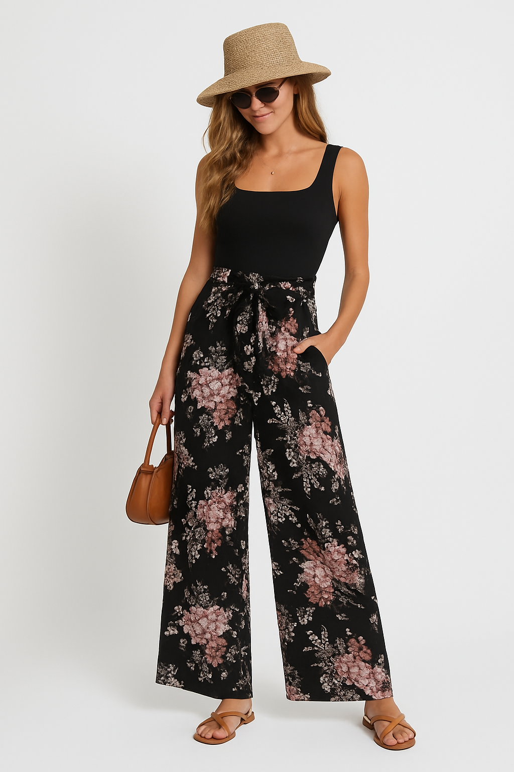 Women's Jumpsuit – Sleeveless – Floral Print – Relaxed Fit – Full Length – Defined Waist