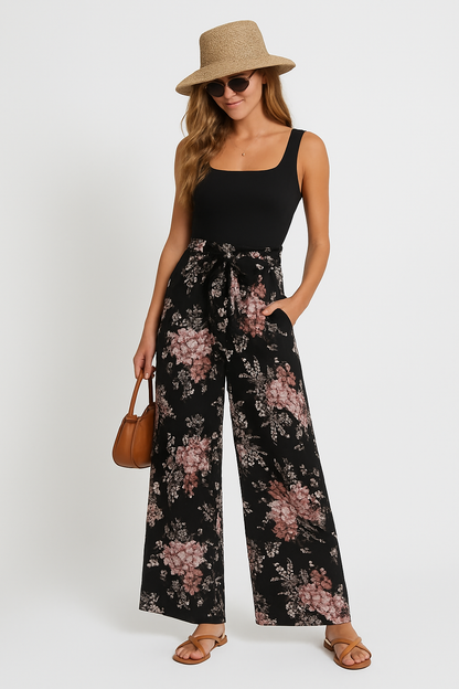 Women's Jumpsuit – Sleeveless – Floral Print – Relaxed Fit – Full Length – Defined Waist