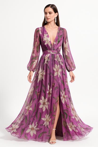 Women's Maxi Dress – Chiffon – V-Neck – Floral – Long Sleeves – Elegant Fit