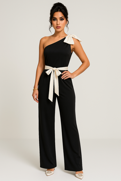 Women's Jumpsuit – Tailored Fit – Satin Look – One Shoulder with Bow Details