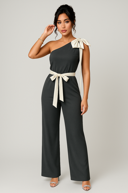 Women's Jumpsuit – Tailored Fit – Satin Look – One Shoulder with Bow Details