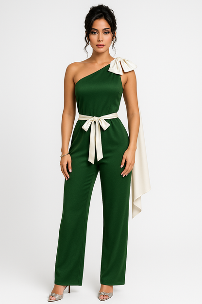 Women's Jumpsuit – Tailored Fit – Satin Look – One Shoulder with Bow Details