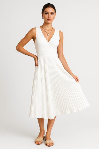 Dress for Women – Midi Length – Sleeveless A-line – V-neck – Soft Knit