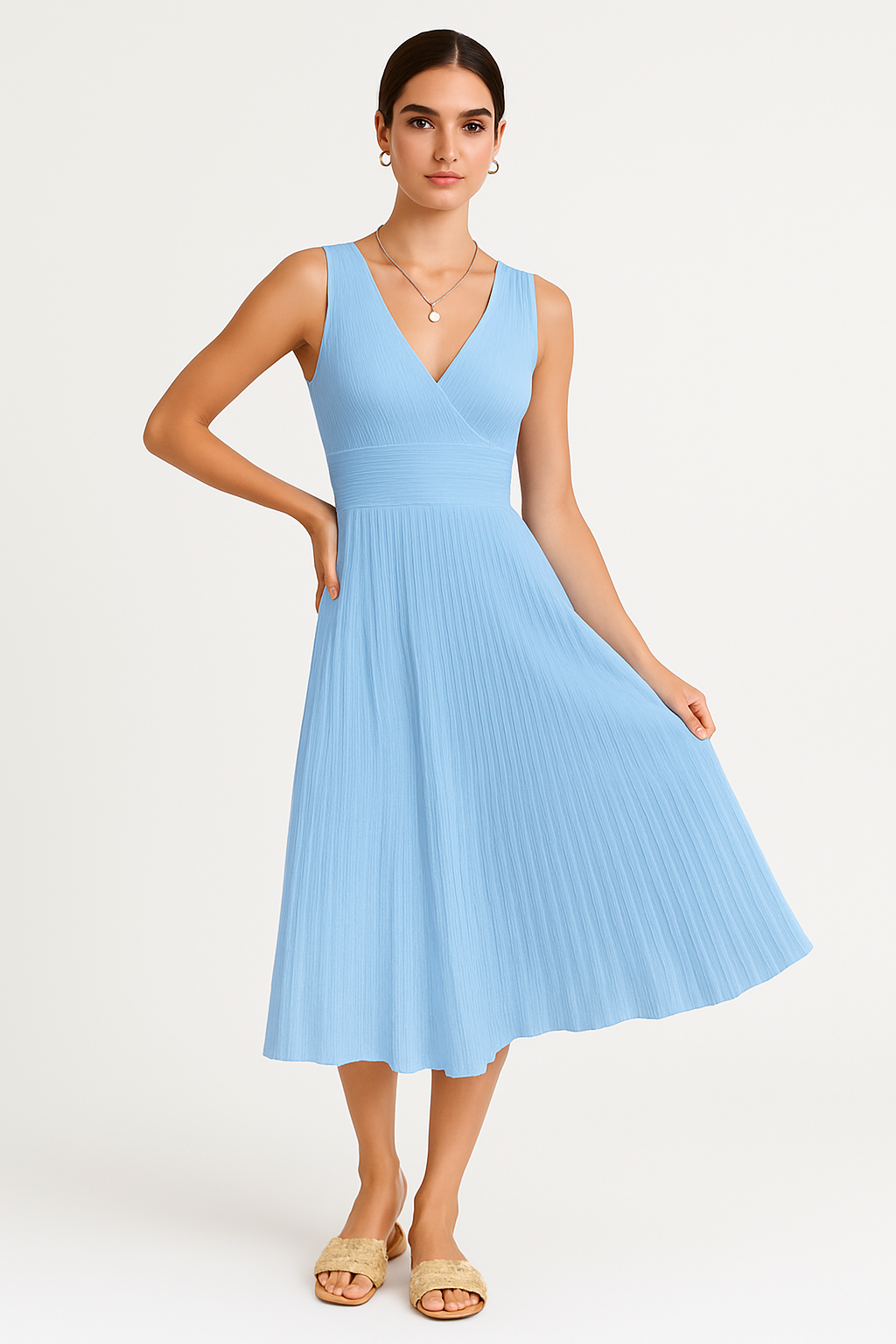 Dress for Women – Midi Length – Sleeveless A-line – V-neck – Soft Knit