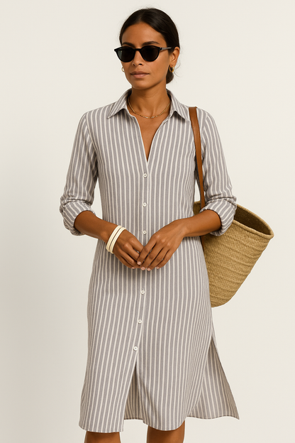 Women's Shirt Dress – Relaxed Fit – Midi Length – Breathable Material – Long Sleeves