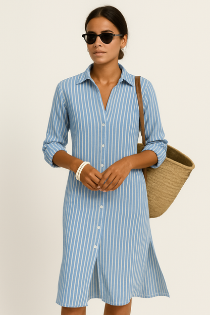 Women's Shirt Dress – Relaxed Fit – Midi Length – Breathable Material – Long Sleeves
