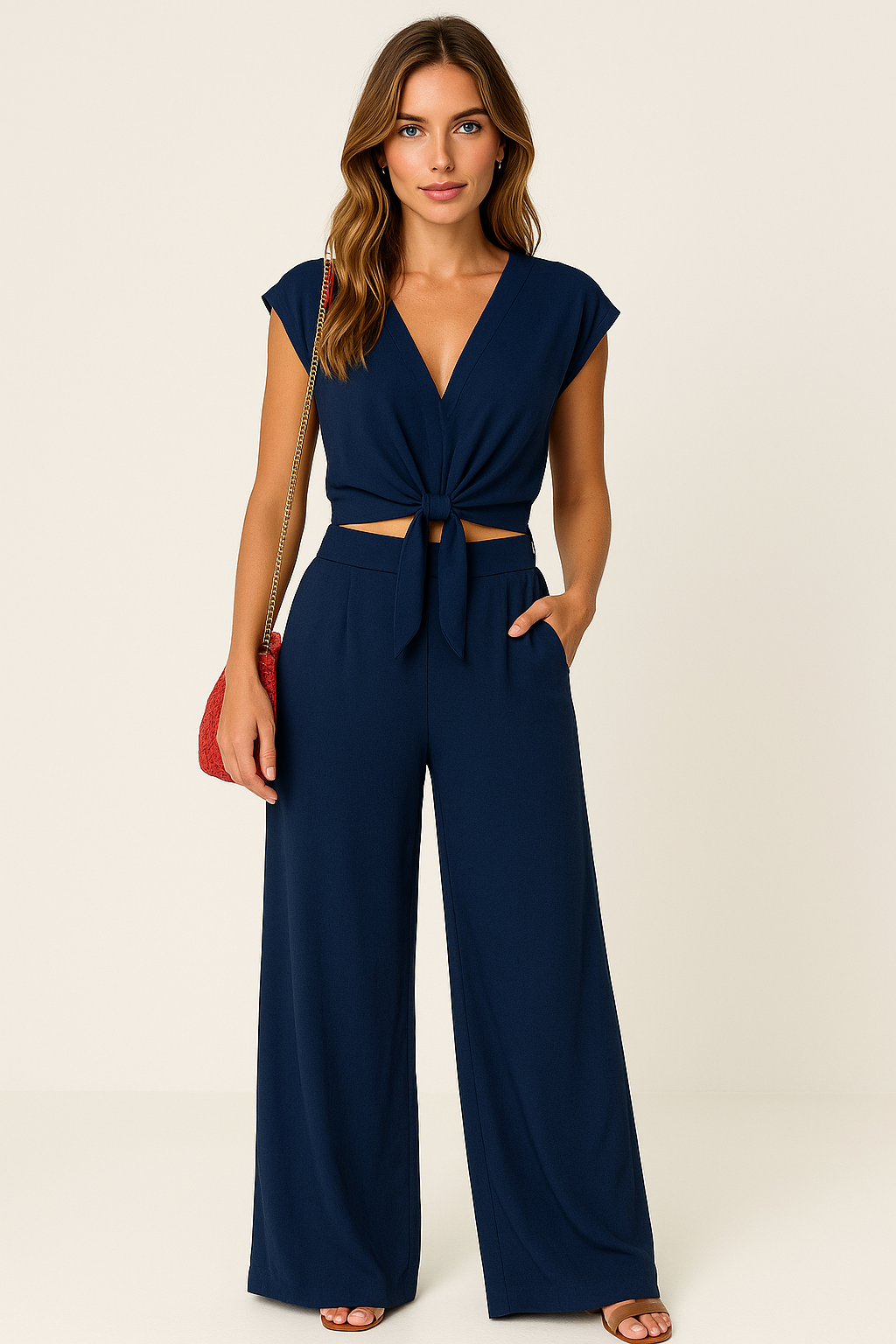 Women's Set – V-neck Crop Top with Tie – High-waisted Wide Pants – Light and Breathable