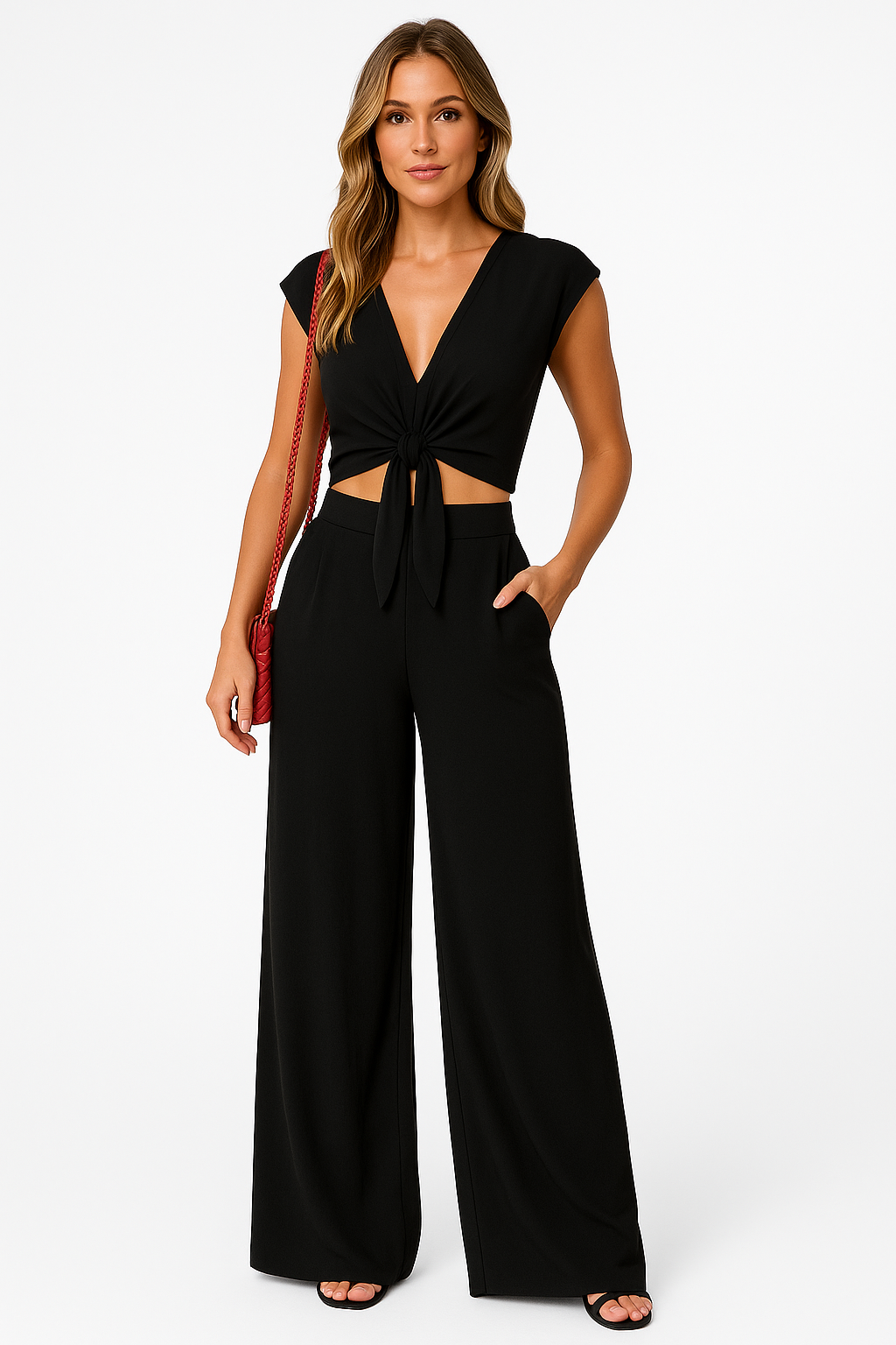 Women's Set – V-neck Crop Top with Tie – High-waisted Wide Pants – Light and Breathable