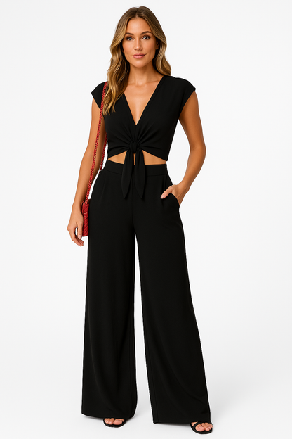 Women's Set – V-neck Crop Top with Tie – High-waisted Wide Pants – Light and Breathable