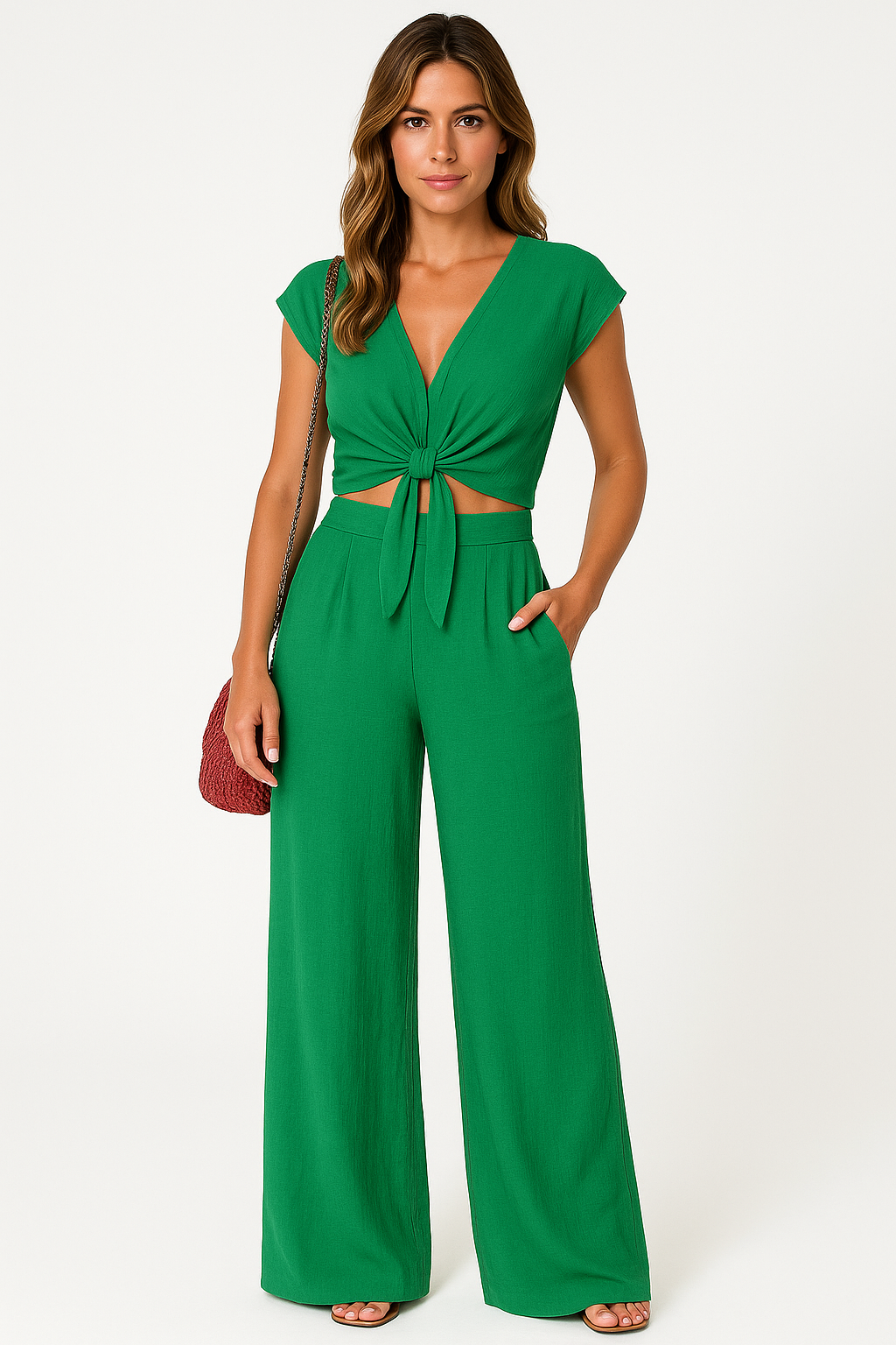 Women's Set – V-neck Crop Top with Tie – High-waisted Wide Pants – Light and Breathable