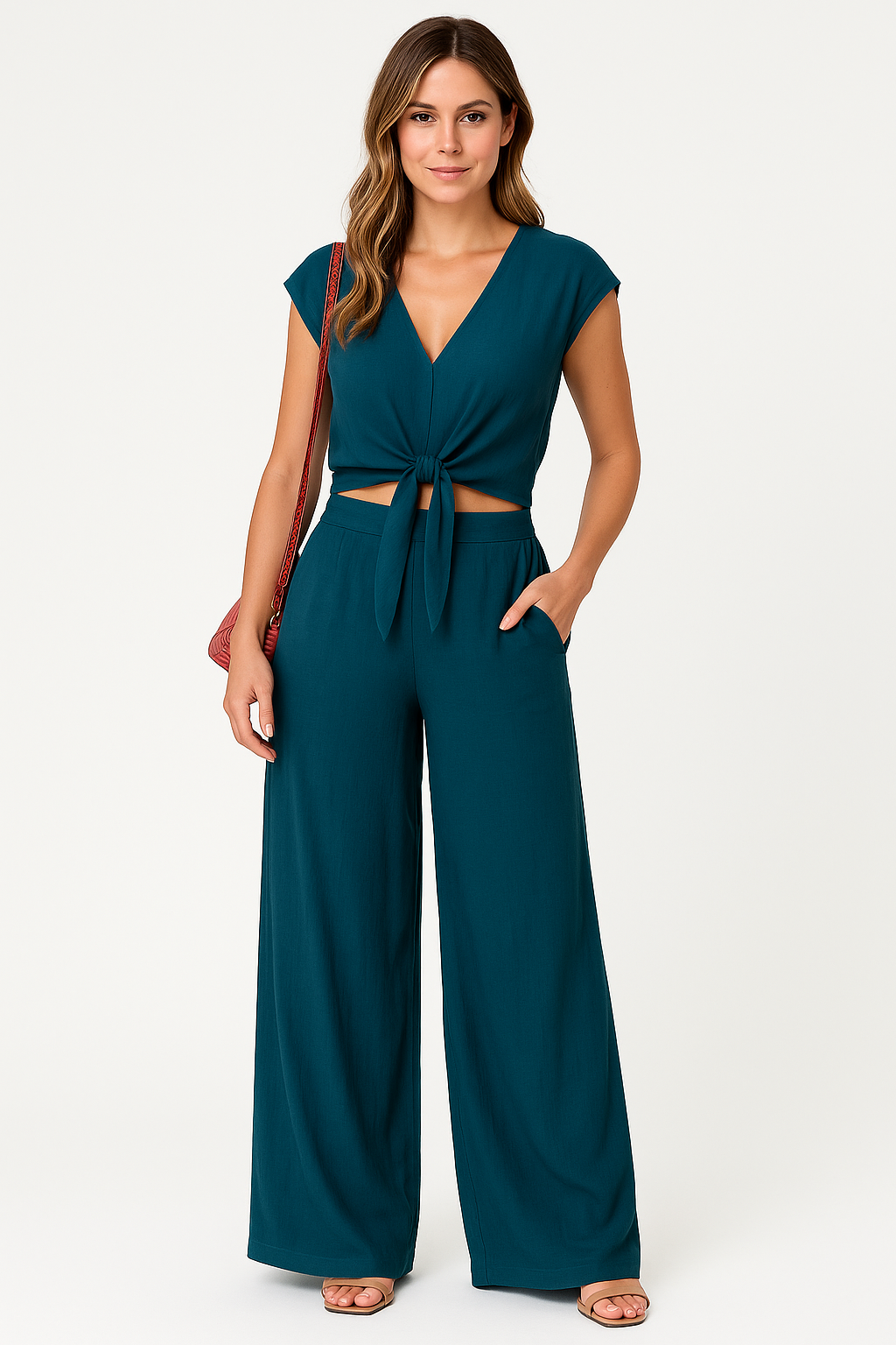 Women's Set – V-neck Crop Top with Tie – High-waisted Wide Pants – Light and Breathable