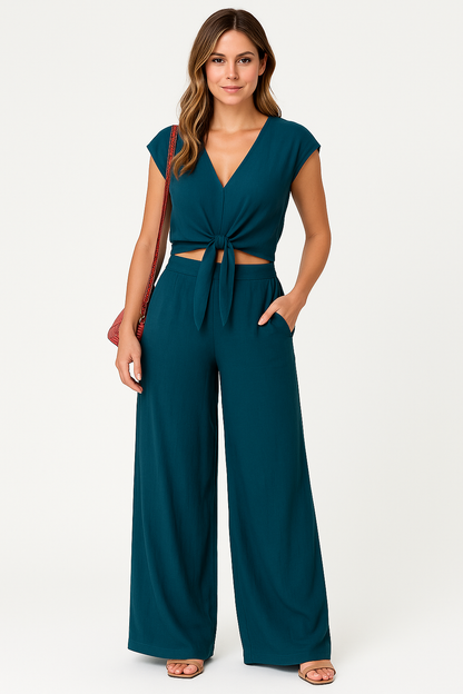 Women's Set – V-neck Crop Top with Tie – High-waisted Wide Pants – Light and Breathable