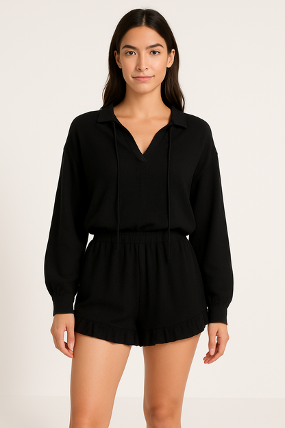 Women's Two-Piece Set – Relaxed Fit – V-Neck Balloon Sleeves – Ruched Shorts – Breathable Material