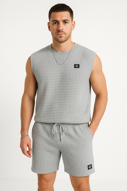 Men's Set with Sleeveless Top and Shorts – Waffle Knit – Relaxed Fit – Loungewear