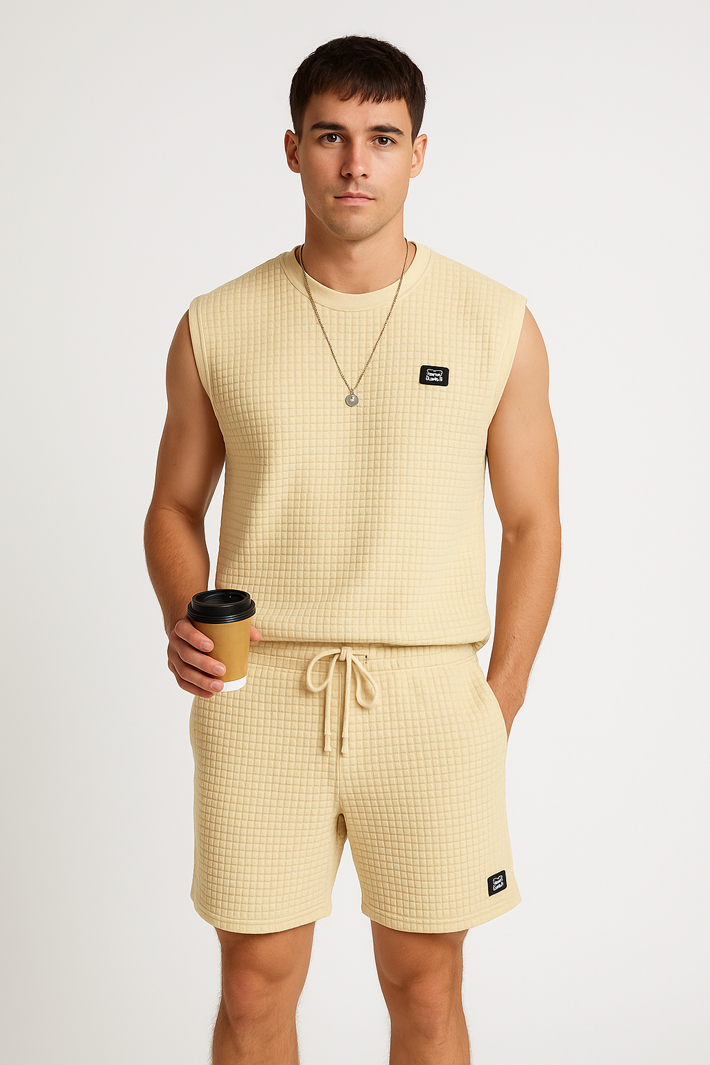 Men's Set with Sleeveless Top and Shorts – Waffle Knit – Relaxed Fit – Loungewear