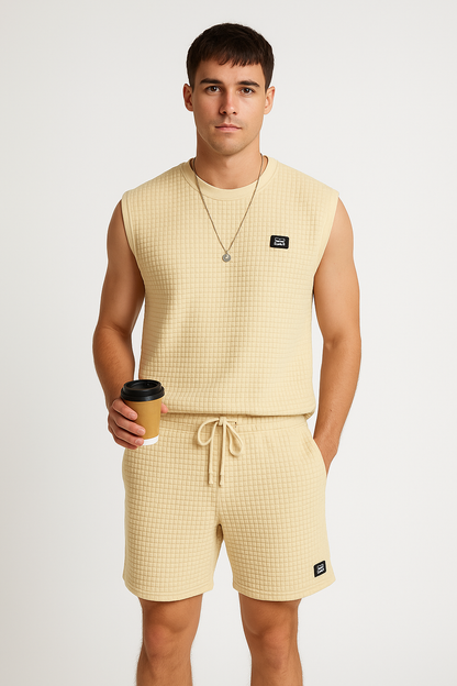 Men's Set with Sleeveless Top and Shorts – Waffle Knit – Relaxed Fit – Loungewear