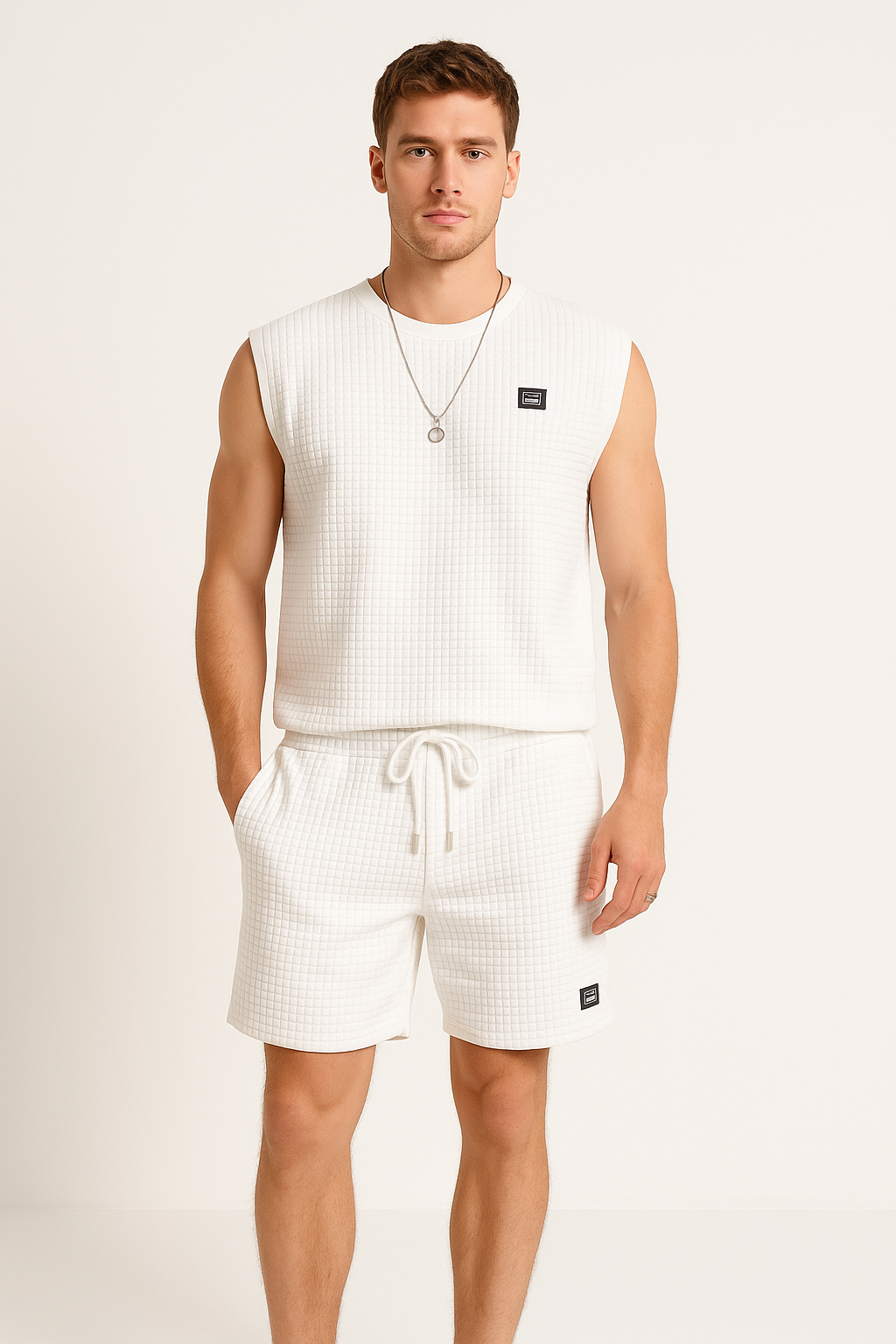 Men's Set with Sleeveless Top and Shorts – Waffle Knit – Relaxed Fit – Loungewear