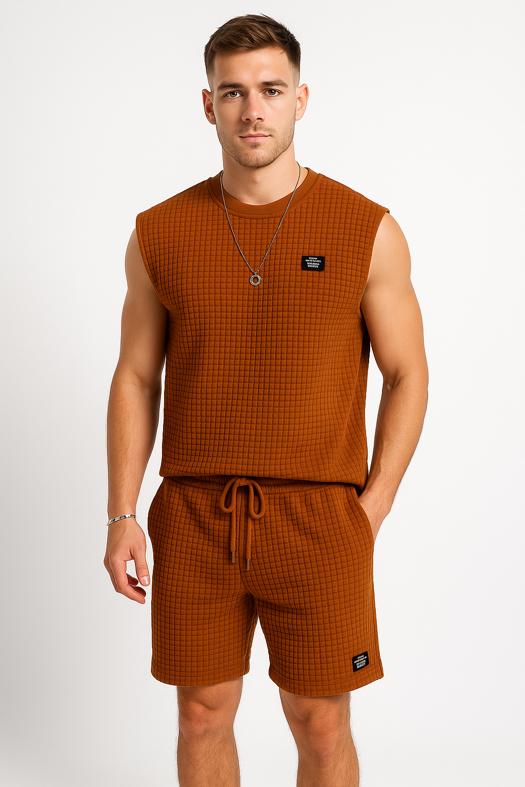 Men's Set with Sleeveless Top and Shorts – Waffle Knit – Relaxed Fit – Loungewear