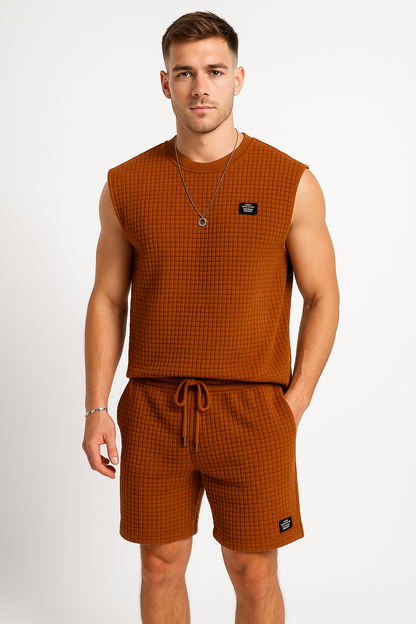 Men's Set with Sleeveless Top and Shorts – Waffle Knit – Relaxed Fit – Loungewear