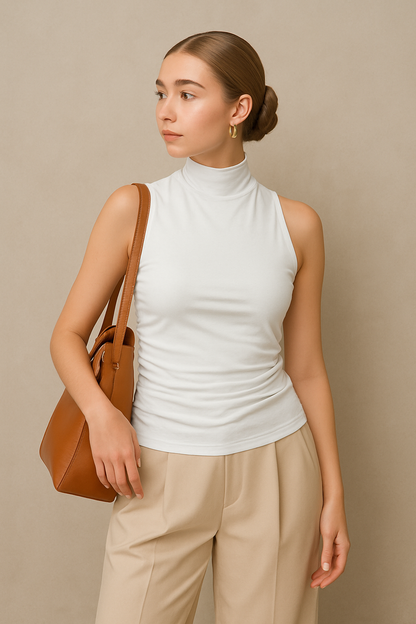 Women's Halterneck Top – Slim Fit – Ruched Waist – Open Back – Soft Knit