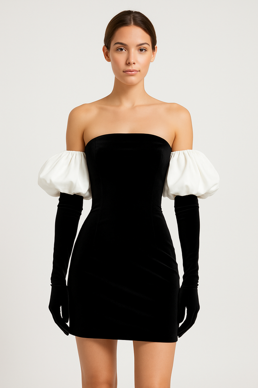 Dress for Women – Strapless Mini Dress – Fitted Silhouette – Dramatic Puff Sleeves – Elegant Luxury Fabric