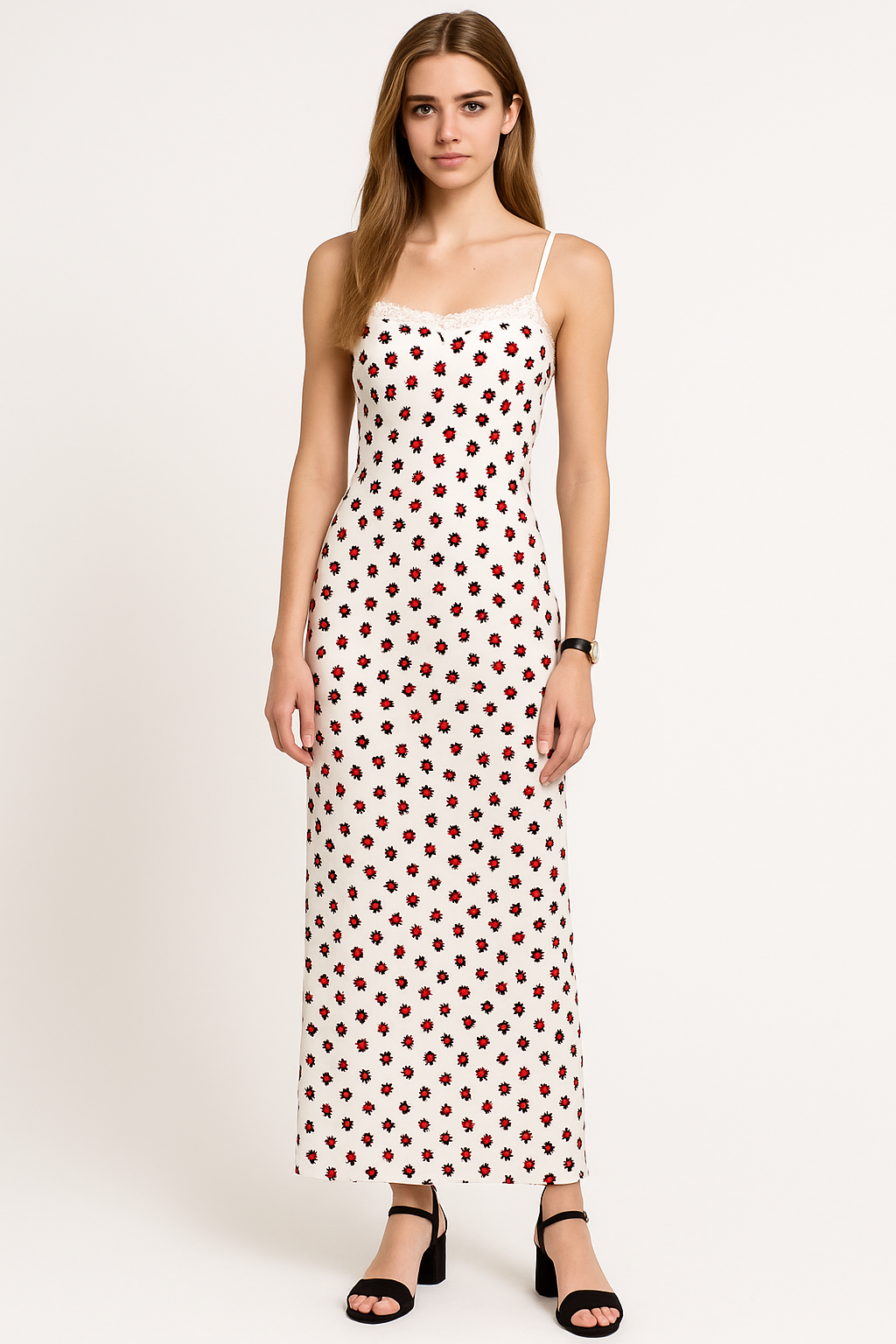 Dress for Women – Slim Fit – Spaghetti Straps – Lace Trim – Floral Print – Ankle Length