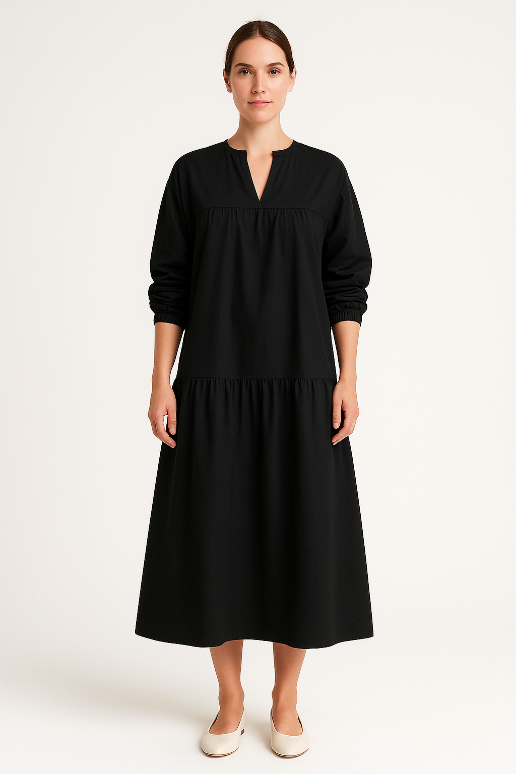 Women's Long Dress – Oversized Fit – V-Neck – Puff Sleeves – Layered Skirt – Breathable Blend