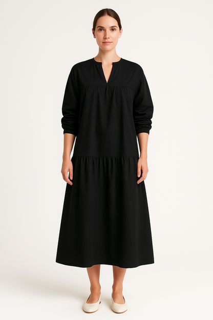 Women's Long Dress – Oversized Fit – V-Neck – Puff Sleeves – Layered Skirt – Breathable Blend