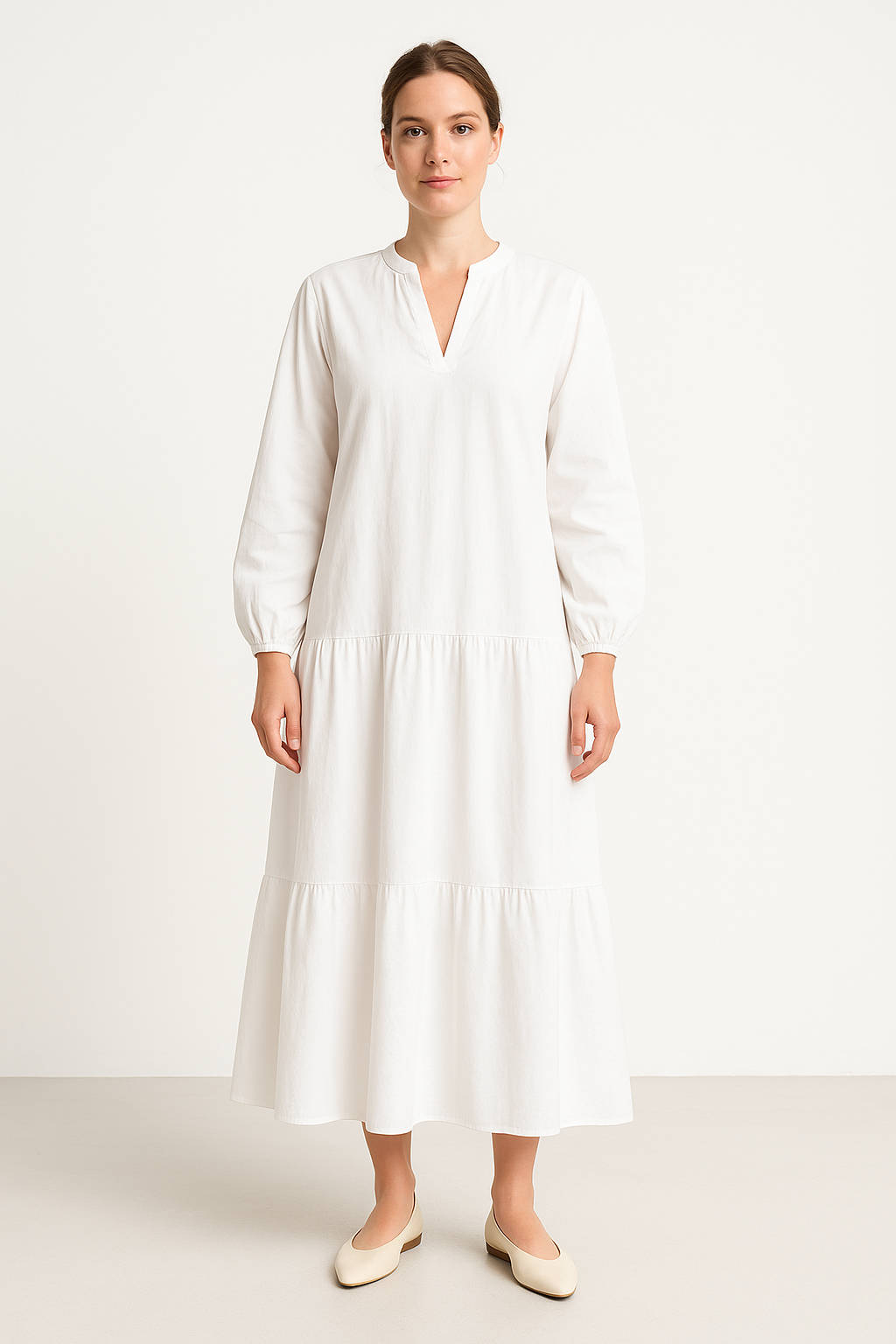 Women's Long Dress – Oversized Fit – V-Neck – Puff Sleeves – Layered Skirt – Breathable Blend