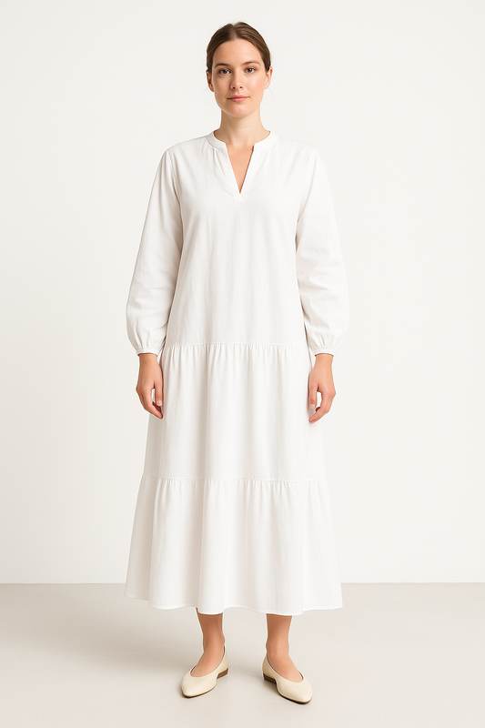 Women's Long Dress – Oversized Fit – V-Neck – Puff Sleeves – Layered Skirt – Breathable Blend