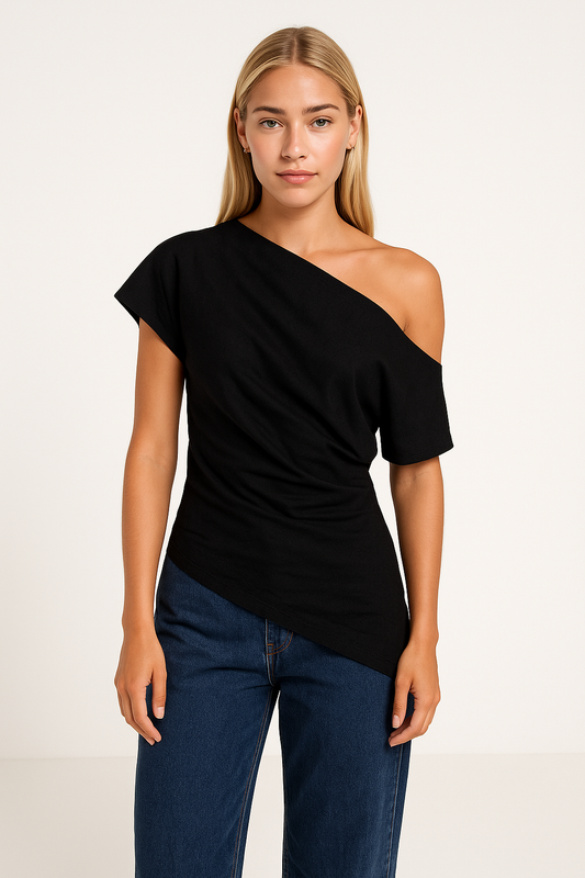 Women's Off-Shoulder Top – Asymmetric Design – Slim Fit – Short Sleeve – Soft Stretch