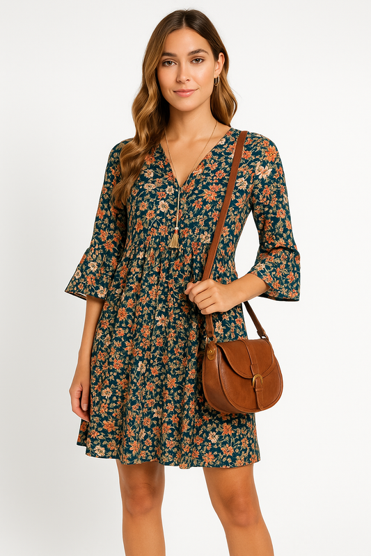 Women's Dress – A-line Fit – V-neck – 3/4 Trumpet Sleeves – Floral Print