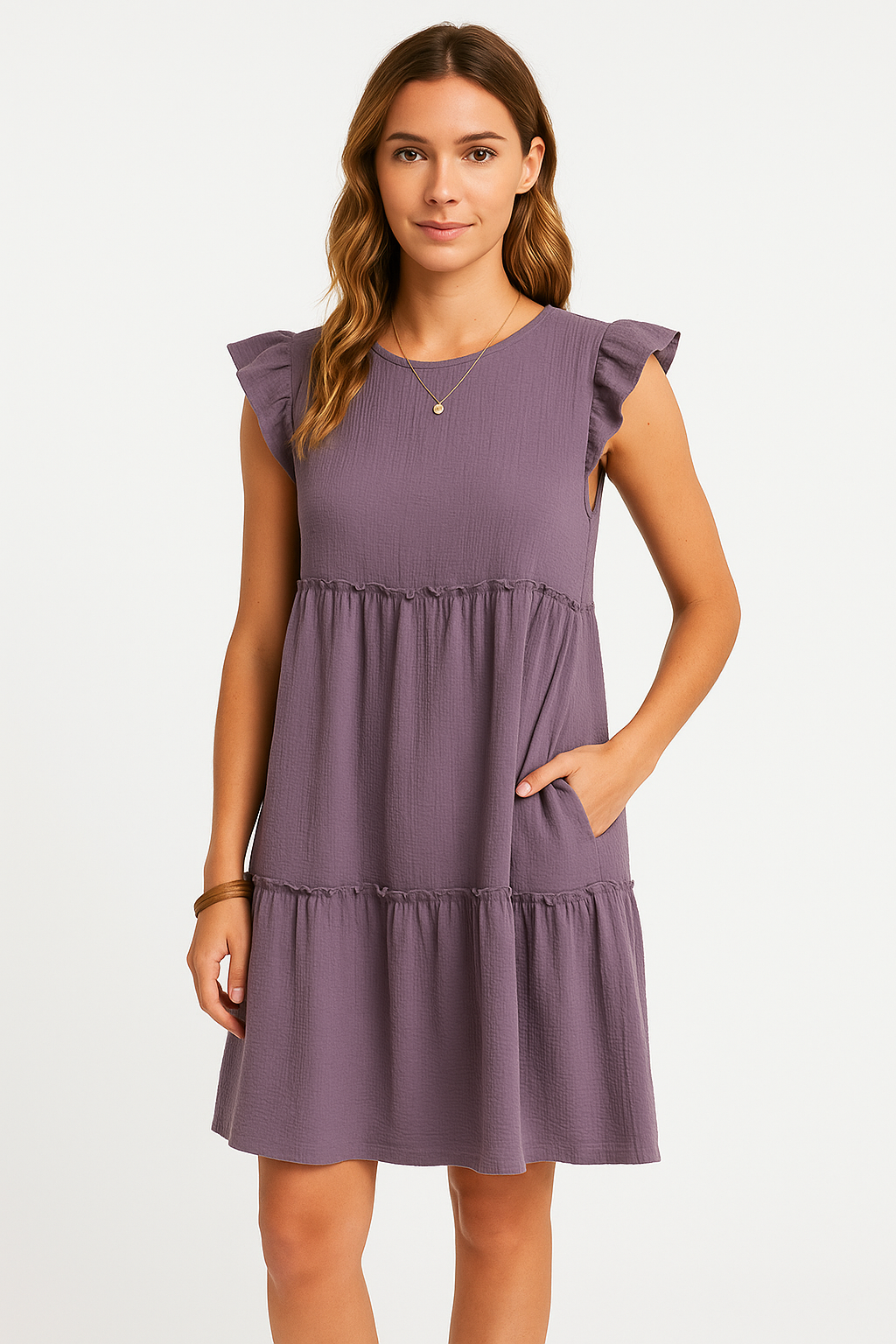 Dress for Women – A-line Fit – V-neck – Short Sleeves with Ruffles – Casual Style