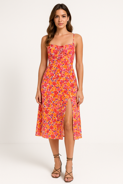 Dress for Women – Midi Length – Slim Fit – Floral Print – Square Neckline – Slit – Breathable Fabric