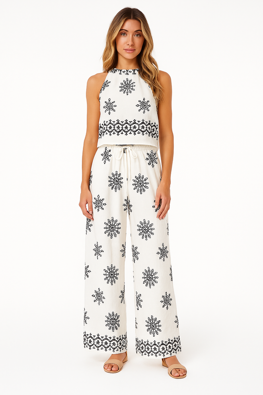 Women's Two-Piece Set – Sleeveless Crop Top – High-Waisted Wide Pants – Light and Breathable