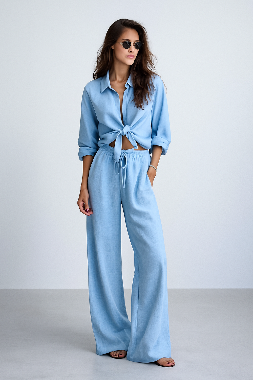 Women's Set – Linen Blend – Oversized Fit – Long Sleeve Shirt & Wide Pants