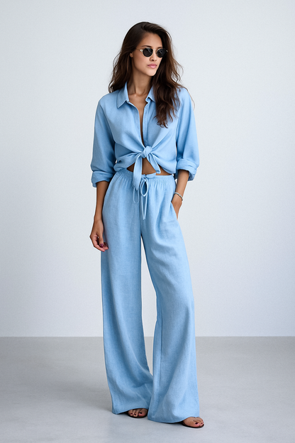 Women's Set – Linen Blend – Oversized Fit – Long Sleeve Shirt & Wide Pants