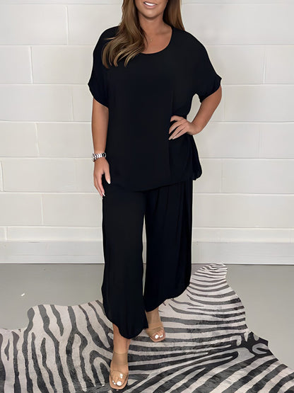 Women's Two-piece Set - Loose Fit - Short-sleeved Top & Wide Pants - Comfortable Casual Look